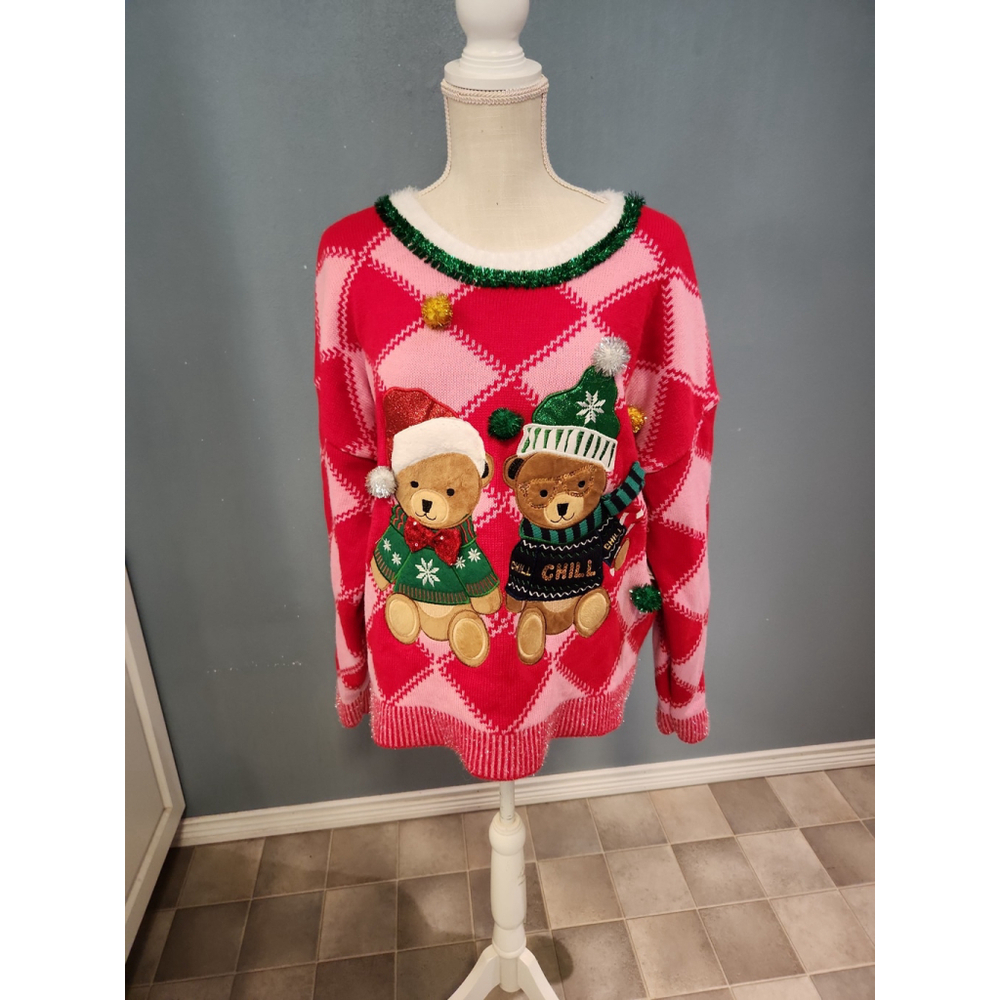 Holiday Time Ugly Christmas cropped style red and green teady bears Sweaters